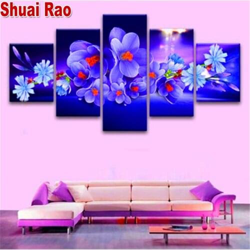 5 Panel diamond mosaic"floral art Blue Orchid "cross stitch 3d embroidery diamond painting Full square/round Drill Multi-Panel