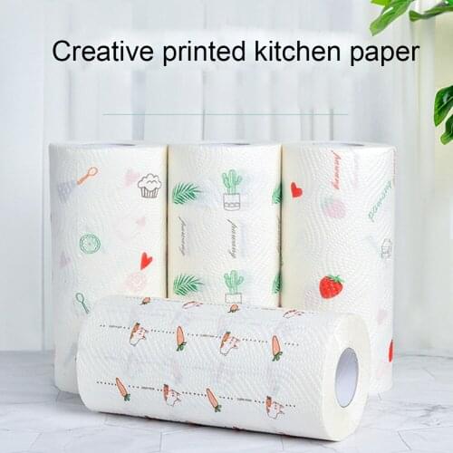 60pcs/Roll Cartoon Print Disposable Cleaning Cloth Kitchen Paper Dishcloth Cleaning Towel High Water Absorbency Wiping Scouring