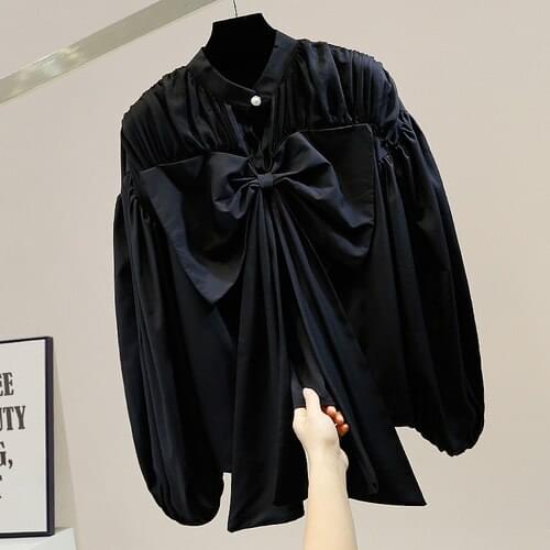 Lantern Sleeve Blouse Women Pleated Stitching Ribbon Big Bow Loose Shirt Ladys All-Matching Fashion Tops White Black Blusas