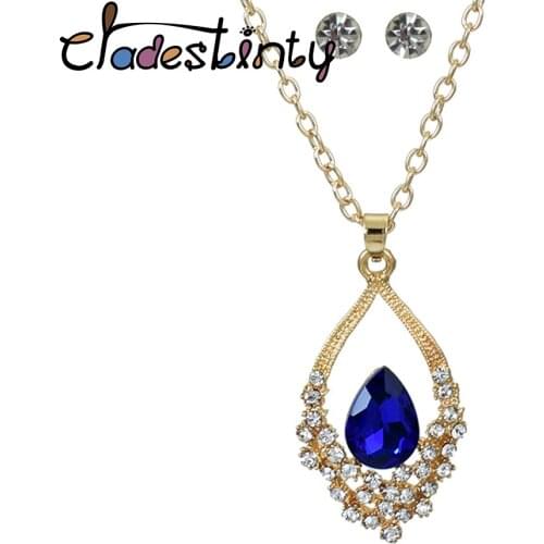 Chadestinty Gold Color Crystal Water Drop Necklace Stud Earrings Set Bridal Party Jewellery Sets For Women Bridemaid bijoux