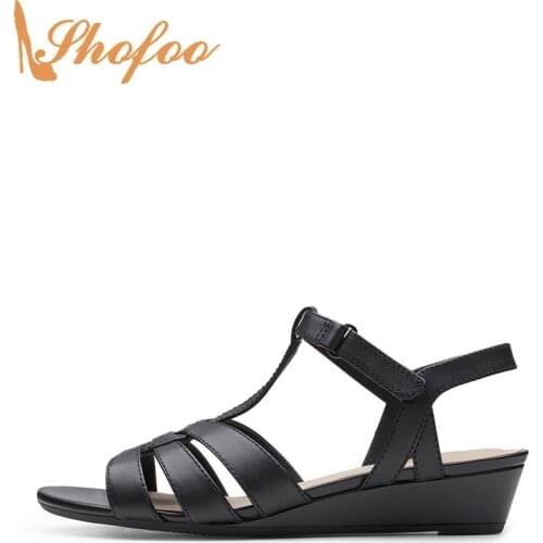 Black Gladiator High Wedge Heels Women Sandals Open Toe Large Size 12 16 Ladies Summer Fashion T-Strap Hook&Loop Shoes Shofoo