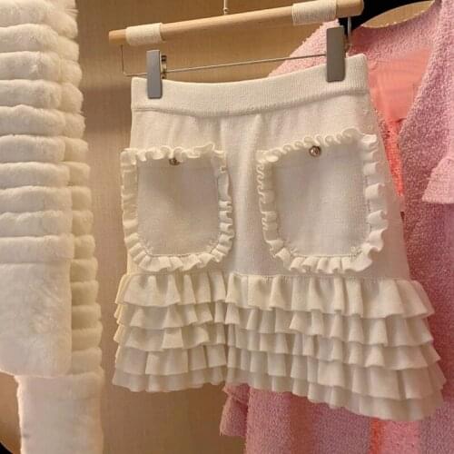 Elegant White/black Knitted Ruffles Mini Skirts Womens 2021 Spring Summer Korean Fashion High Waist A-line Slim Skirt Jupe Femme