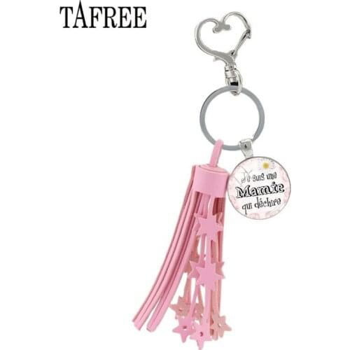 TAFREE French Je Suis Une Mamie Qui Dechire Pendant Keychain Glass Cabochon Pink Tassel Heart Shape Clasp Key Ring Holder CT263