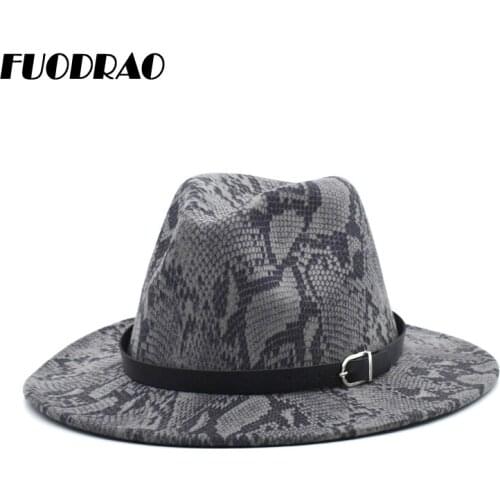 FUODRAO New Snake Print Women Fedoras Felt Wide Brim Hats Woolen Autumn Winter Jazz Caps Men Vintage Panama Cowboy Hat F17
