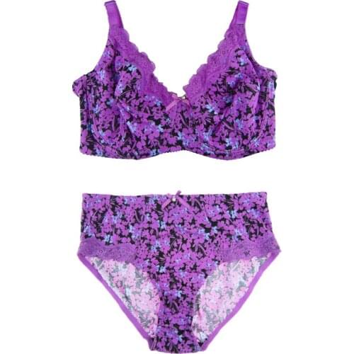 MiaoErSiDai Women Sexy Bra Set Plus Size With Lace Unlined Full Coverage Push Up Brassiere Flower Brief Bra Panty 36-46 C-G Cup