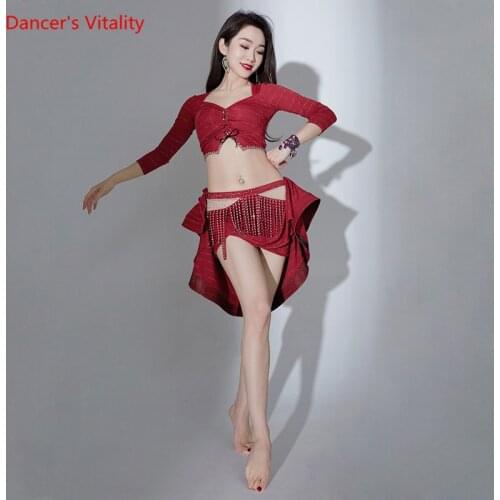 Belly Dance Suit V-Neck Top Tassel Diamond Sequins Skirt Practice Clothes Set Oriental Dancing Female Adult Performance Clothing