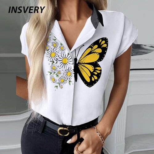 Summer Elegant Women Shirt Casual Print T Shirt Turn Down Collar Tops Ladies Pullover Woman Short Sleeve T-Shirts Streetwear