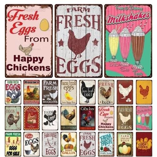 Retro Tin Sign Farm Egg Chicken Metal Sign Rooster Hen Vintage Letter Picture Painting Plate Plaque Home Restaurant Farm Decor