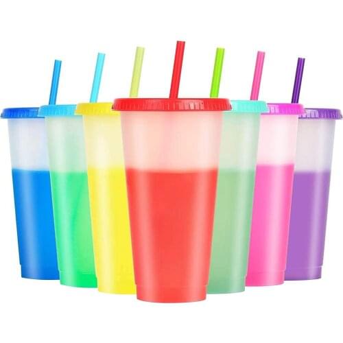 Reusable Color Changing Cups - 7pcs Colorful Plastic Cold Drinks Travel Tumbler with Lids Straws - 24oz Coffee Cup for Adult Kid