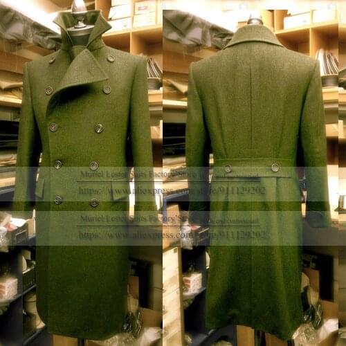 Winter Tweed Wollen Blend Mens Suits Formal Wedding Grooms Blazer Custom Made Green Jacket With Band Double Breasted Overcoat