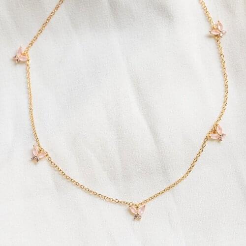 2021 New Arrived Pink Green Cubic Zirconia CZ Tiny Cute Lovely Butterfly Charm Choker Necklace Gold COLOR