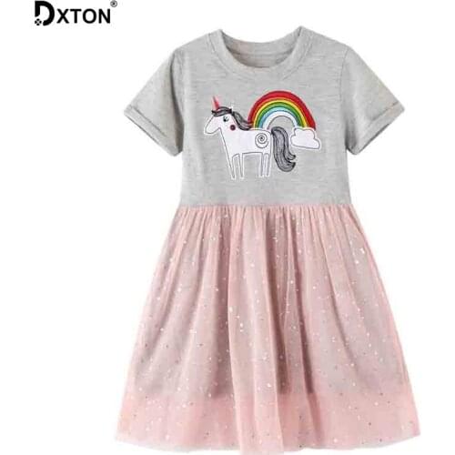 DXTON Unicorn Baby Girls Clothes Kids Dresses For Girls Applique Children Dress Cartoon Girls Cotton Vestidos Summer Girls Dress
