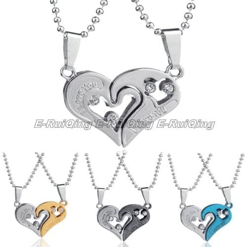 Couple Lovers Necklaces & Pendants 316L Stainless Crystal Beads Chain Men Necklaces I Love U Double Heart Necklace Jewelry Gifts