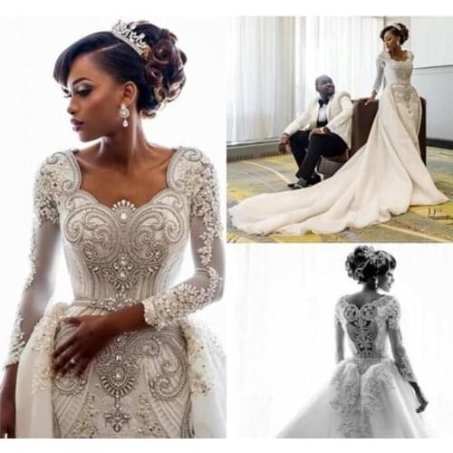 Detachable Mermaid Wedding Dresses Long Sleeves Beaded Bridal Gowns Square Major Beading Applique Zipper Noble Princess Dress