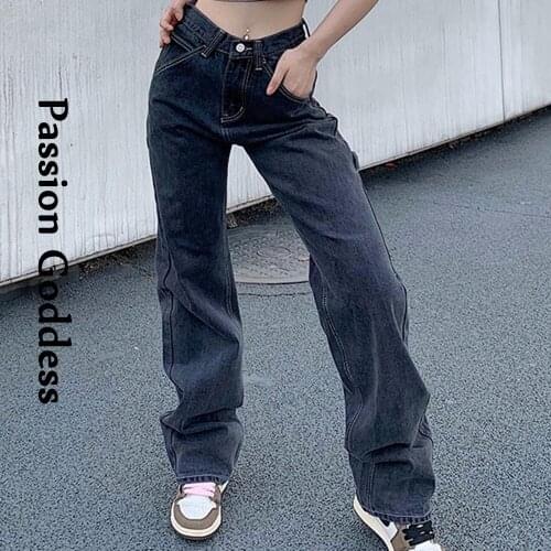 Casual Women Straight Denim Pants Vintage Gray High Waist Cotton Jeans Cool Long Pantalon Big Pockets Cargo Jeans Autumn Winter