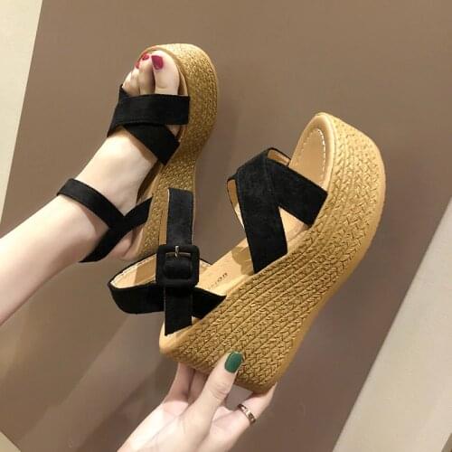 Fashion Womens Shoes 2021 Black Platform Sandals Clogs With Heel Suit Female Beige Buckle Strap Muffins shoe Luxury Espadrilles