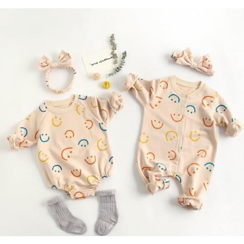 Spring Baby Girl Clothes Cotton Baby Jumpsuit Baby Romper Colorful Smiley Printing Long Sleeve Summer Baby Clothes With Headband