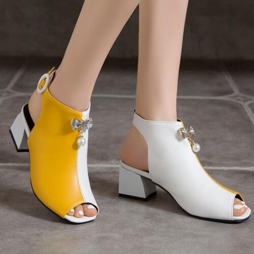 Women Sandals Plus Size 45 46 Fashion Shoes Peep Toe 5cm Med Thick Heels Diamond Decoration Splicing Red Yellow White Footwear