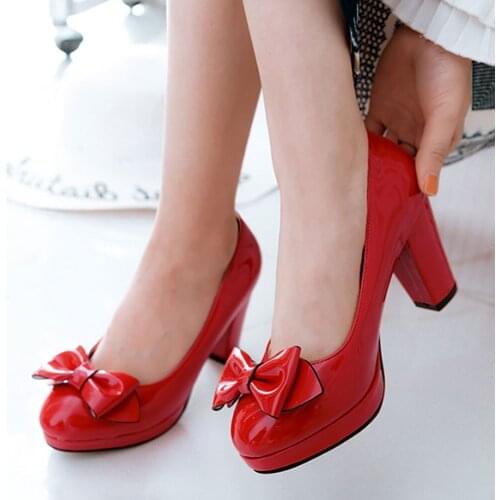 2021 Elegant Slip On Bow Tie Sweet Black Red Pink Platform Office Lady High Heels Big Size 43 Pumps Women Shoes