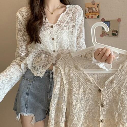Korean Summer Elegant Sexy Hollow Out V-Neck Floral Crochet Long Sleeve Cardigan Lace Shirt Women Lace Blouse And Crop Tops 2021