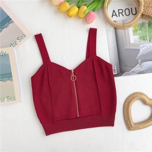 Womens Knitted Tops Cropped Top V Neck Sleeveless Solid Casual Tank Top Summer Women Zipper Camisole 2021
