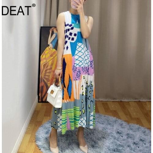 DEAT Women Pleated Sleeveless Dress Hit Color Print Long Length Dresses Slim Waist Elegant Casual Style 2021 New Summer 15HT453