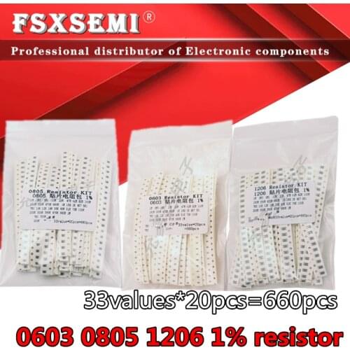 33values X20pcs=660pcs 0603 0805 1206 SMD Resistor Kit Assorted Kit 1R 1ohm-1M ohm 1% Sample Kit New 1K 10K 100K 200K 680R