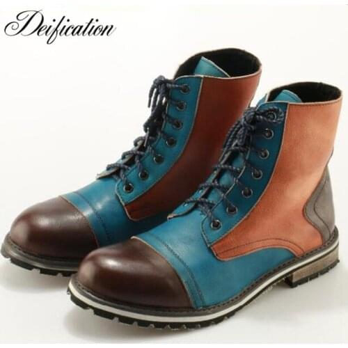 Deification Mixed Colors Lace-up Ankle Boots Patchwork Real Leather Motorcycle Cowboy Martin Boots New Botas Militares Shoes Men