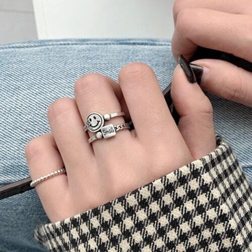 Ancient Silver Color Multilayer Happy Smile Face Open Ring For Women Simple Cute Geometric Smiley Faces Adjustable Rings A917