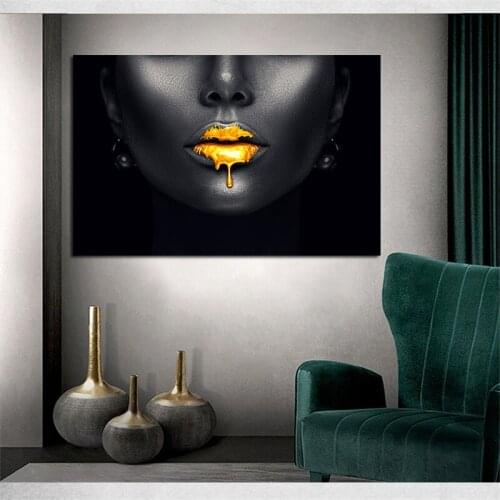 Modern Art Canvas Painting African Women Golden Lips Wall Picturs For Living Room Wall Canvas Posters and Print Decor Frameless
