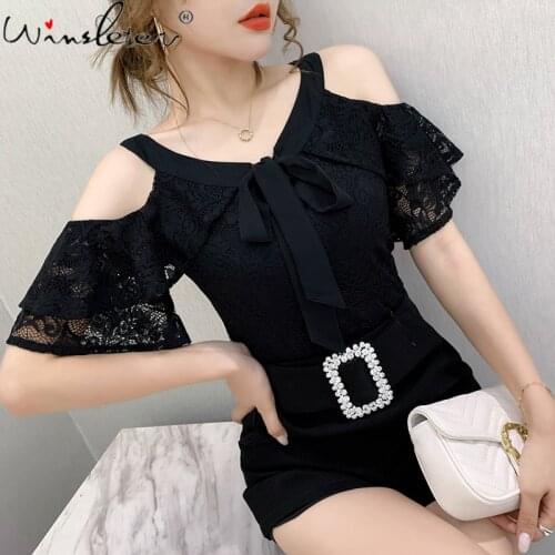 Summer European Style T-Shirt Fashion Sexy Off Shouder Bowknot Lace Ruffles Women Tops Short Sleeve All Match Tees 2021 T14706A