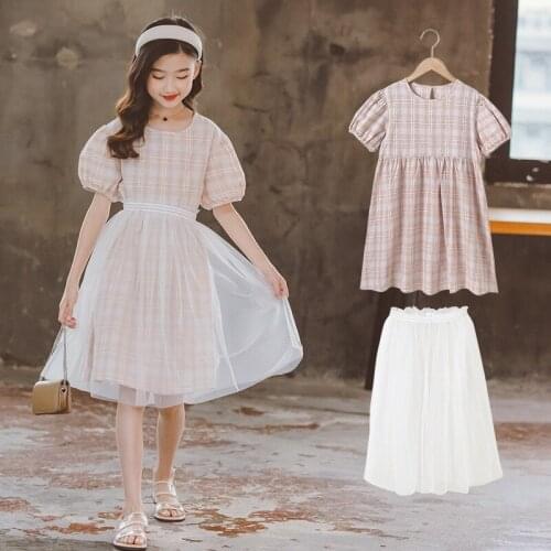 LucaLucky Baby Big Girls Summer Outfits Children 2 Pcs Casual Cotton Plaid Dresses & Mesh Skirt Clothing Sets Teen Clothes 4-16Y