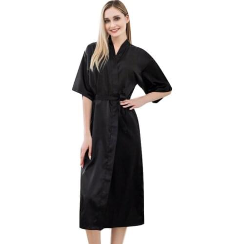 Underwear Women Bathrobe Simulation Silk Pajamas Solid Color Loose Cardigan Bath Robes Pink Sleepwear Ladies Long Gowns Black