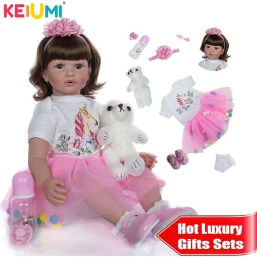 New KEIUMI New Long Curls Hair Silicone Reborn Baby Doll 24 inch 60cm Reborn Menina Doll Princess For Girl Birthday Surprise