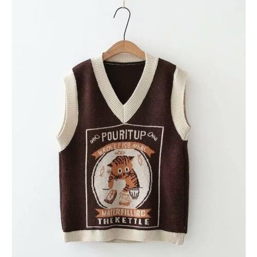 OMCHION Preppy Sweater Vest 2021 Korean V Neck Sleveless Letter Cat Sweater Vest Women Loose Vintage Female Jumper Waistcoat