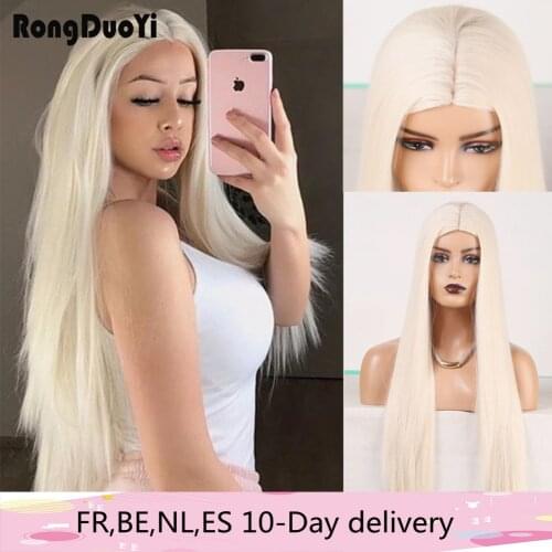 RONGDUOYI Platinum Blonde Synthetic Wigs For Balck Women Machine Made Long Silky Straight Hair Wig High Temperature Blonded Wigs
