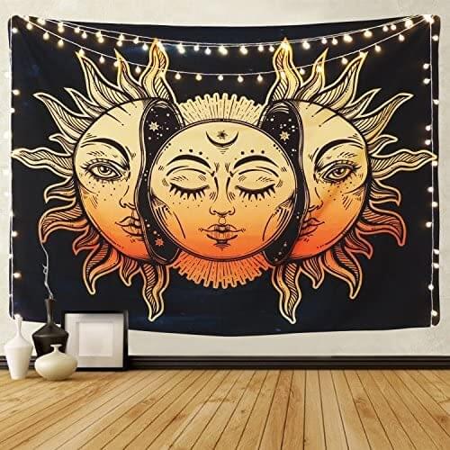 Psychedelic Tapestry Indian Moon and Sun Tapestry Celestial Energy Mystic Tapestries Wall Hanging Decoration Mural Hippie Tapiz