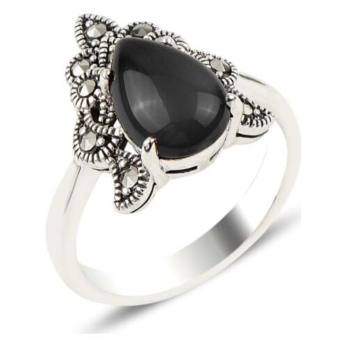 Silverlina Silver Onyx & Marcasite Ring