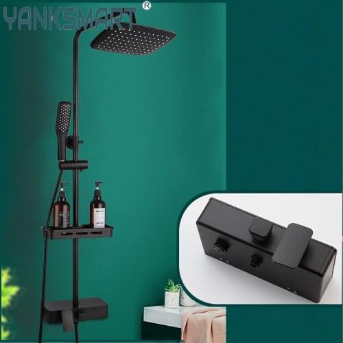 YANKSMART Matte Black Bathroom Shower Faucet Rainfall Shower Bath Wall Mount Bathtub Faucet Mixer Water Tap With Shelf Combo Kit