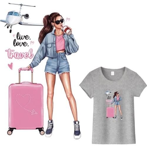 Thermal Patches Love Travel Girl Pattern Iron On Diy Accessory Fashion Stickers Clothes Heat Transfer Iron On Transfer