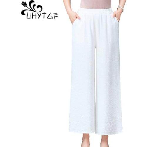 UHYTGF High Waist Summer Pants Women Black White Cotton Linen Loose Wide Leg Straight Trousers Female Thin Plus Size Pants 1340