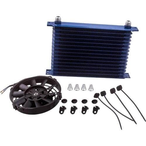 15 ROW AN10 Universal Aluminum Engine Oil Cooler & 7" Blue Cooling Fan