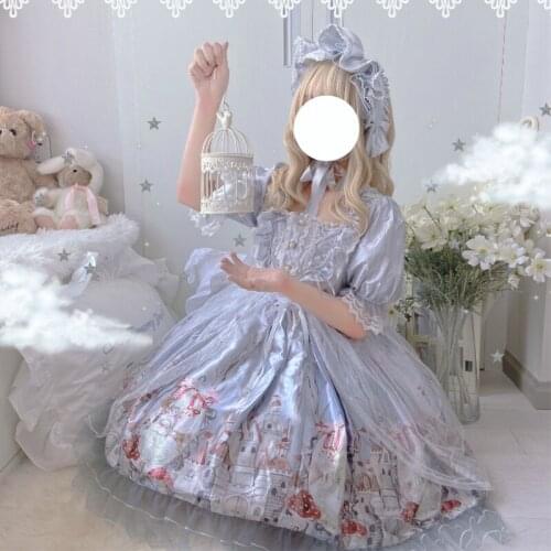 Japanese Style Square Collar Op Puff Sleeve High Waist Slim Ruffles Dress Women Summer kawaii clothing sweet lolita dress