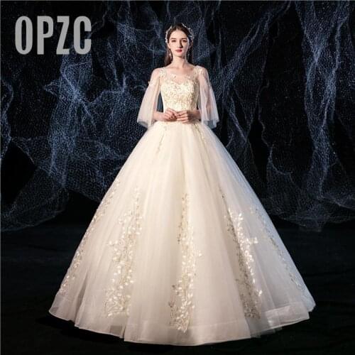 Cheap Ball Gowns Flare Sleeve Sexy Sweet Champagne Tulle Wedding Dresses 2020 Vestido De Novia Lace embroidery Bridal Marriage