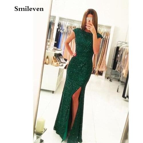 Smileven Dark Green Sequin Mermaid Evening Dress Cap Sleeve Formal Dress Party Gown robe de soiree Side Split Prom Gowns