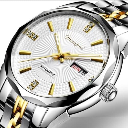 Mens Automatic Mechanical Watch Precision Steel Band Watch Luminous Waterproof Double Calendar Diamond Face Business Watch
