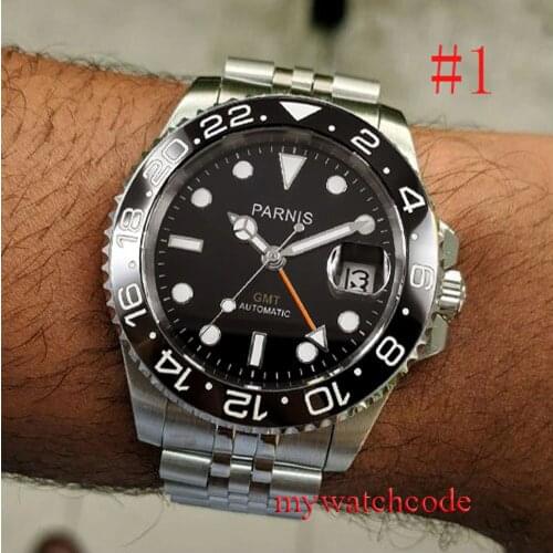 40mm PARNIS Black Dial Jubilee Bracelet Sapphire Crystal Ceramic Bezel GMT Automatic Mens Watch Luxury Top Mechanical Watch