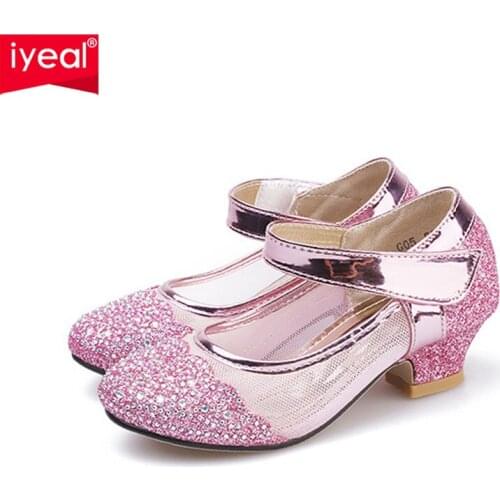 IYEAL Princess Kids Leather Shoes For Girls Flower Glitter Children High Heel Fashion Little Girls Shoes Violet Silver