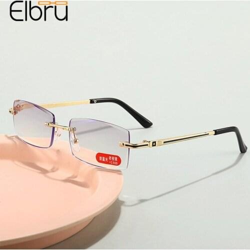 Elbru Retro Frameless Anti-blue Ray Reading Glasses Hot Fashion Square Clear Presbyopic Glasses Unisex With Degree +1.0 to +4.0