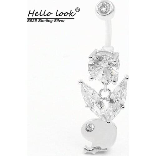 HelloLook 925 Sterling Silver Rabbit Belly Button Nail Cubic Zircon Belly Button Ring Body Piercing Jewelry Summer Gift